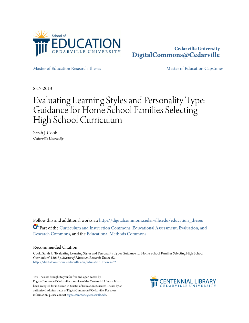 Evaluating Learning Styles and Personality Type: Guidance for Home School Families Selecting High School Curriculum Sarah J