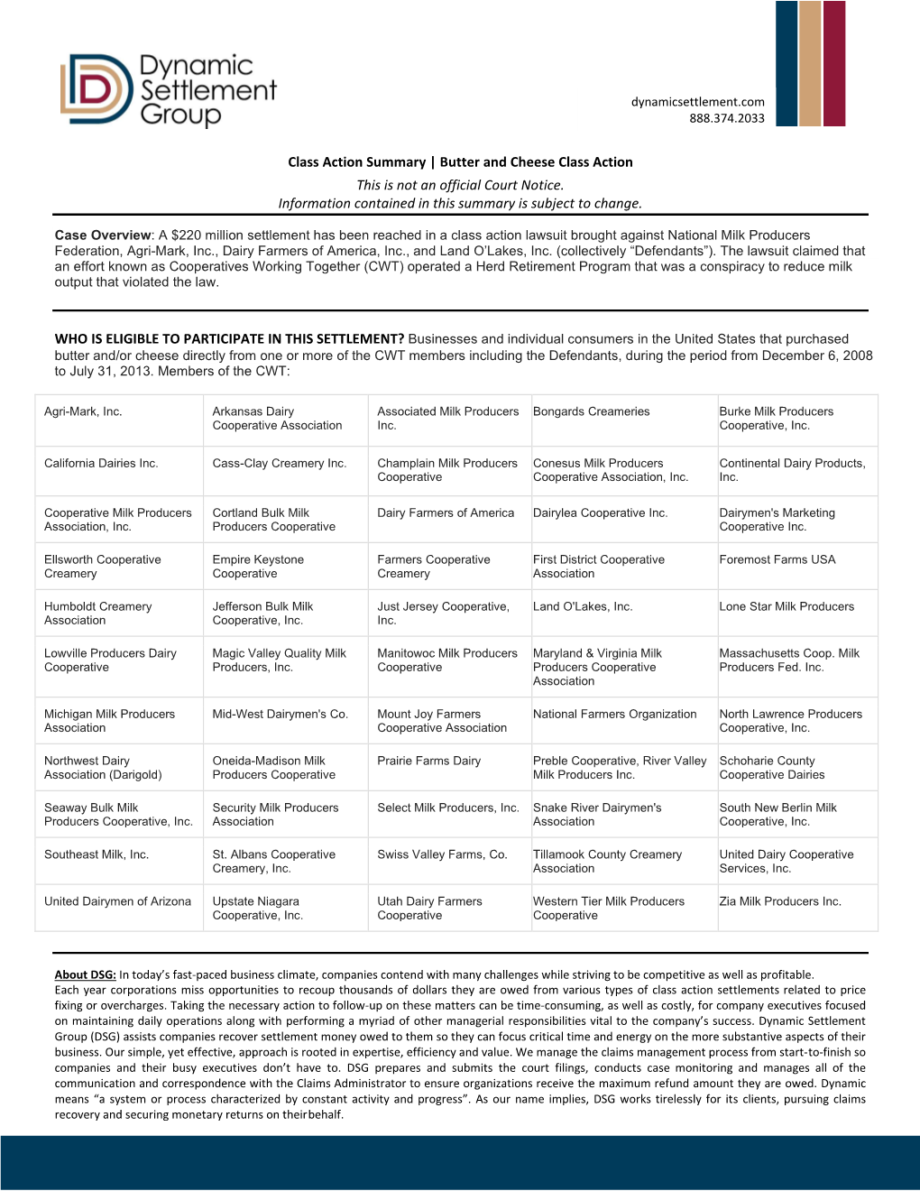 Class Action Summary | Butter and Cheese Class Action This Is Not an Official Court Notice