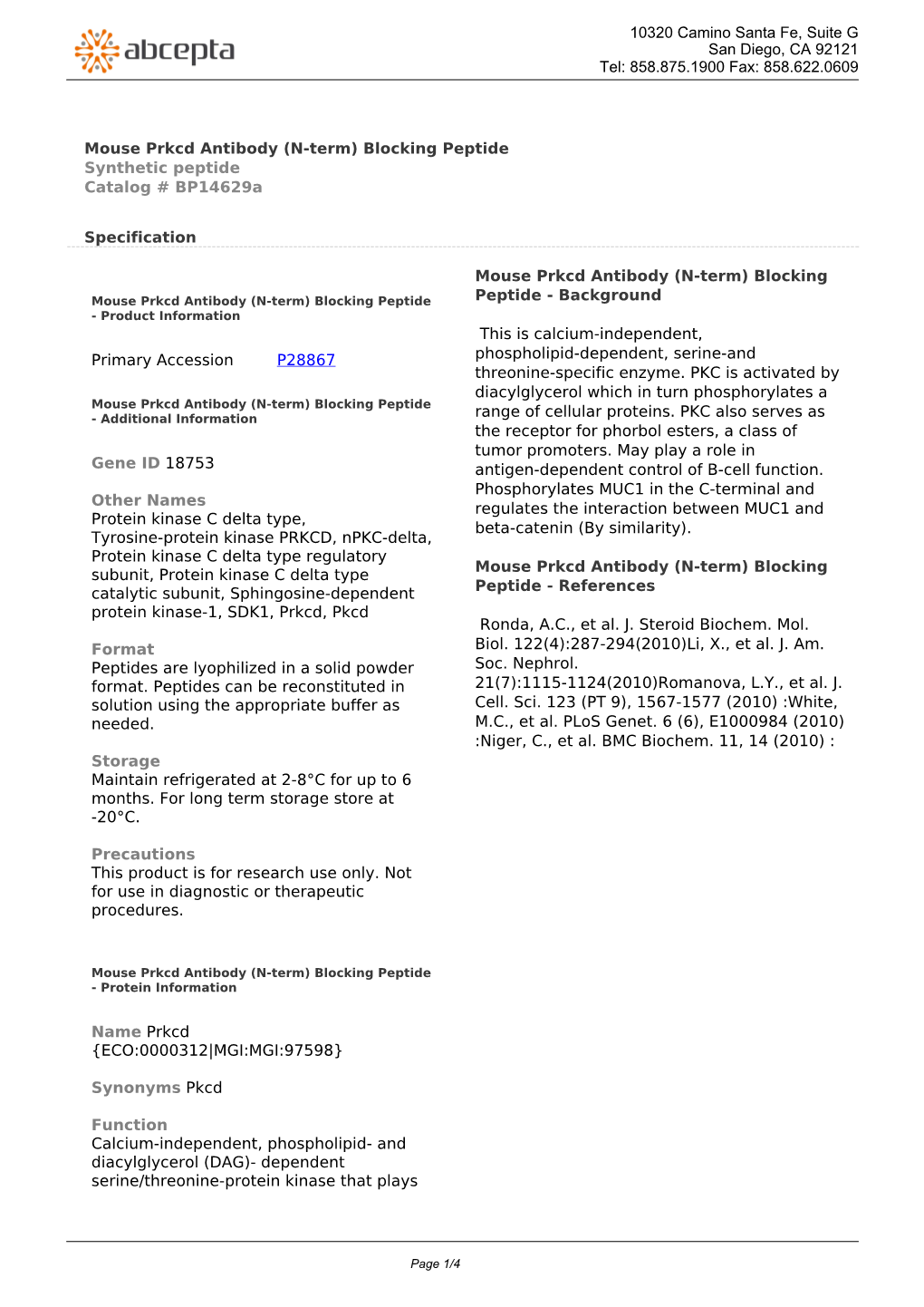 Mouse Prkcd Antibody (N-Term) Blocking Peptide Synthetic Peptide Catalog # Bp14629a