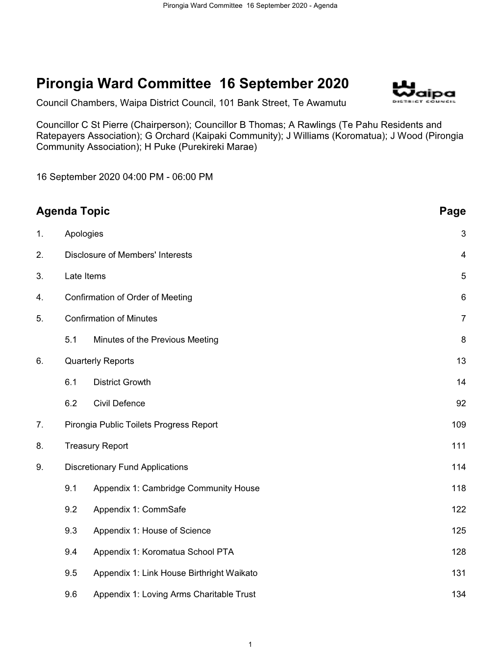 Pirongia Ward Committee Agenda 16 September 2020
