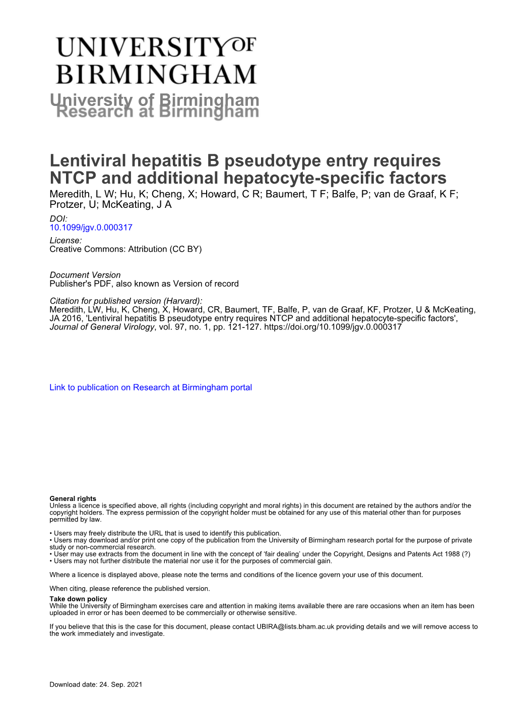 University of Birmingham Lentiviral Hepatitis B Pseudotype Entry