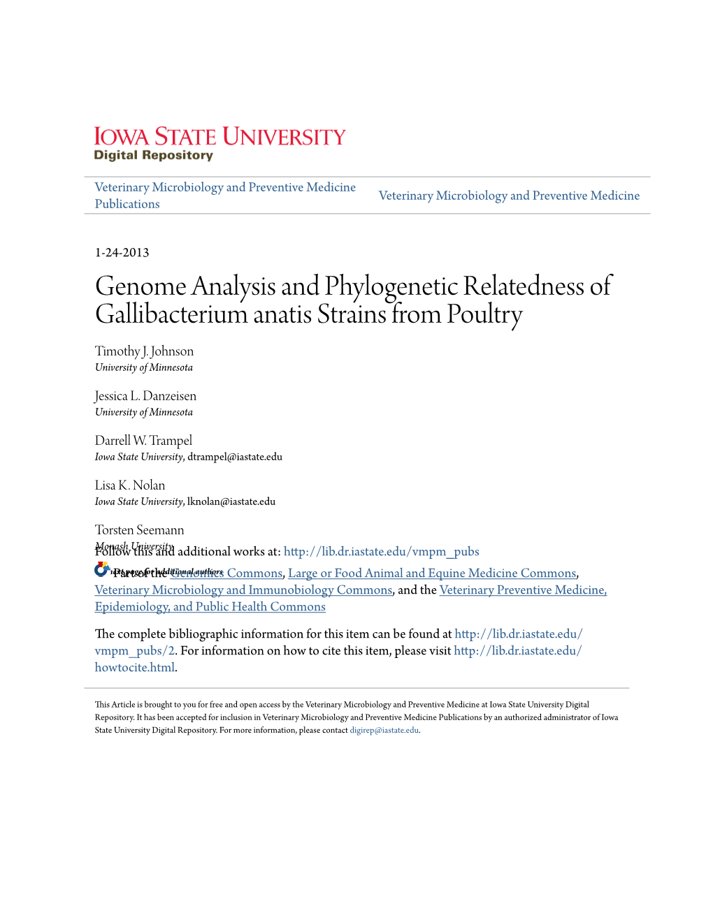 Genome Analysis and Phylogenetic Relatedness of Gallibacterium Anatis Strains from Poultry Timothy J