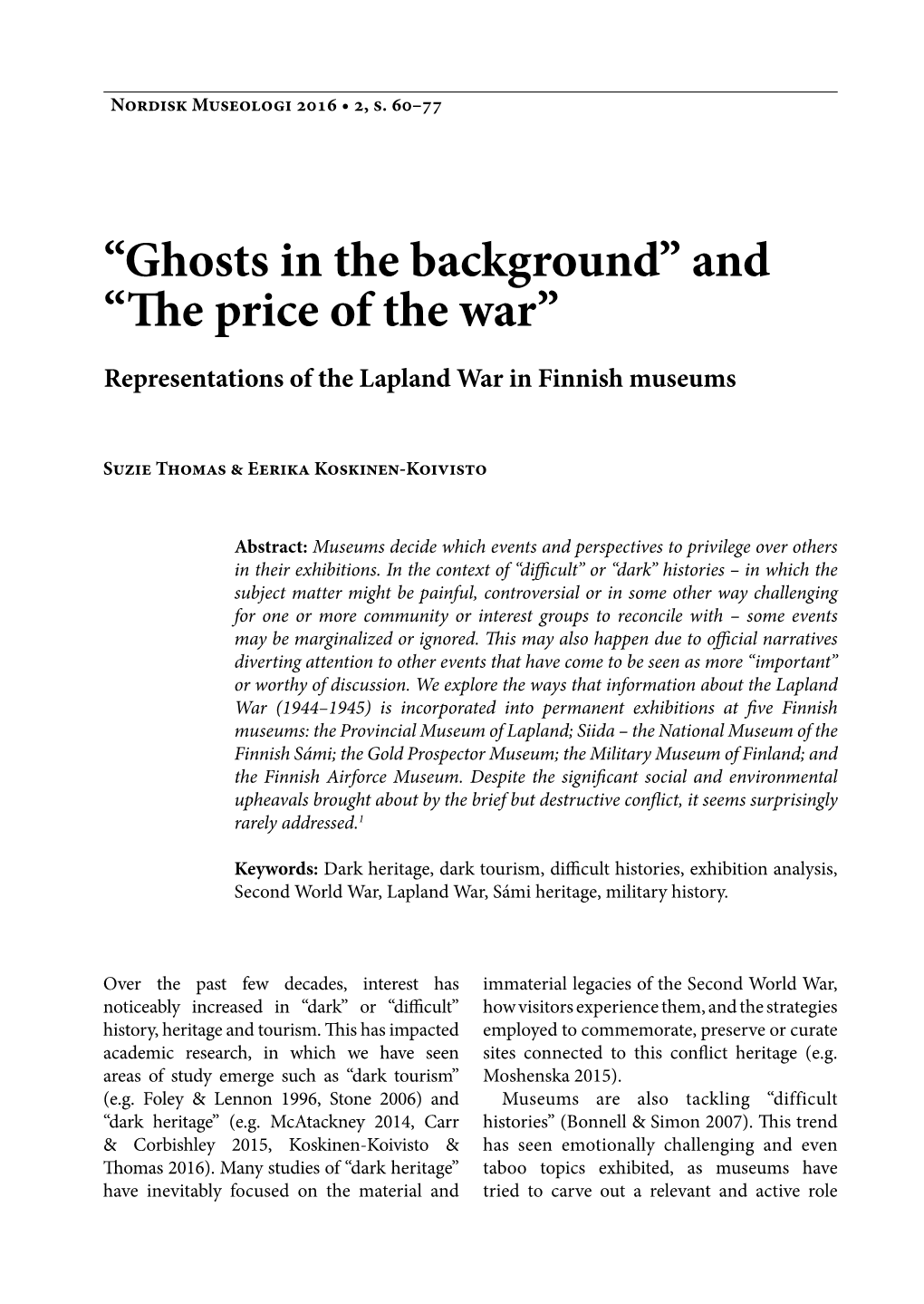 “Ghosts in the Background” and “The Price of the War” Representations of the Lapland War in Finnish Museums