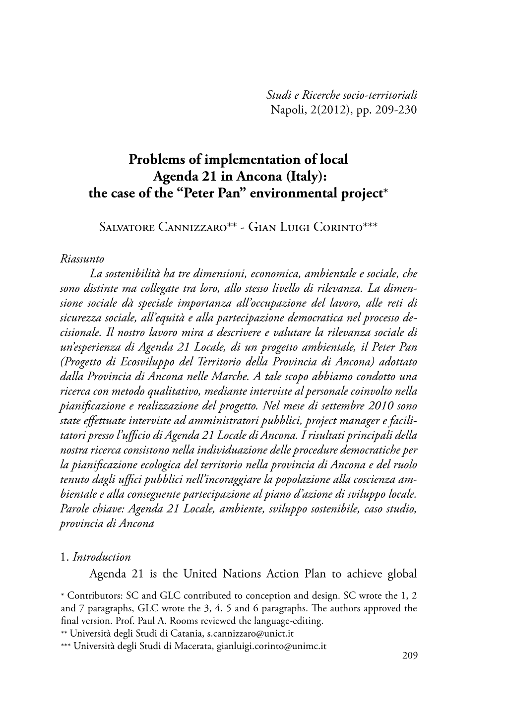 Problems of Implementation of Local Agenda 21 in Ancona (Italy): the Case of the “Peter Pan” Environmental Project*