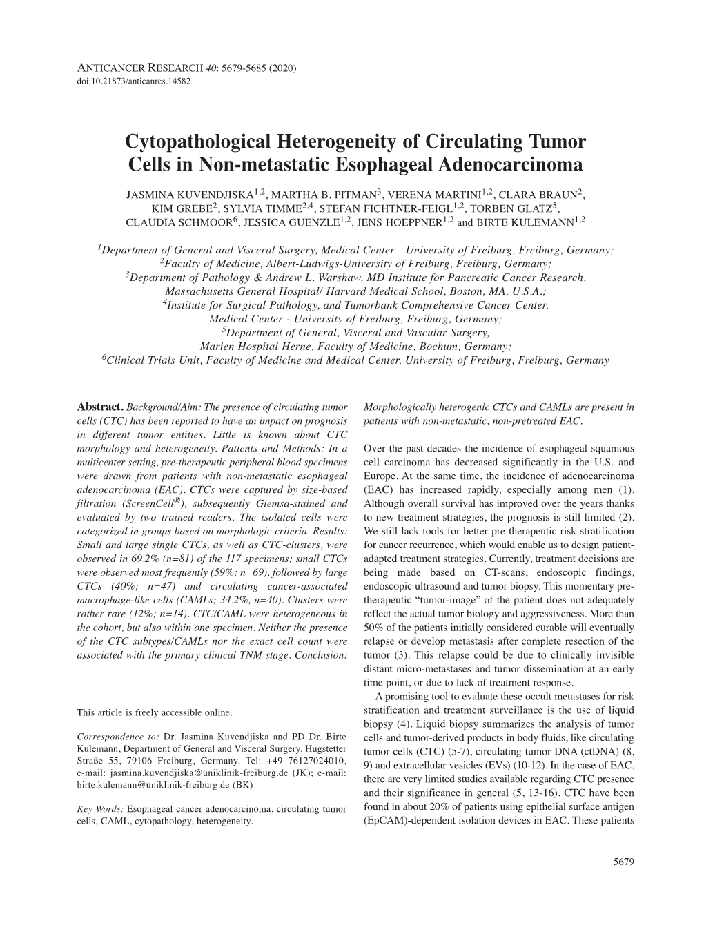 Cytopathological Heterogeneity of Circulating Tumor Cells in Non-Metastatic Esophageal Adenocarcinoma JASMINA KUVENDJISKA 1,2 , MARTHA B