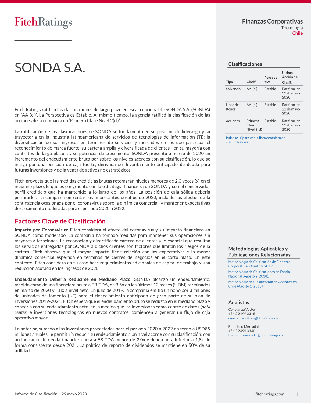 SONDA S.A. Última Perspec- Acción De Tipo Clasif