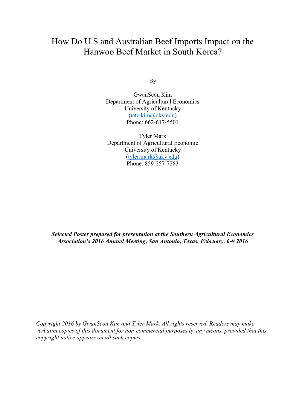 How Do U.S and Australian Beef Imports Impact on the Hanwoo Beef Market in South Korea?