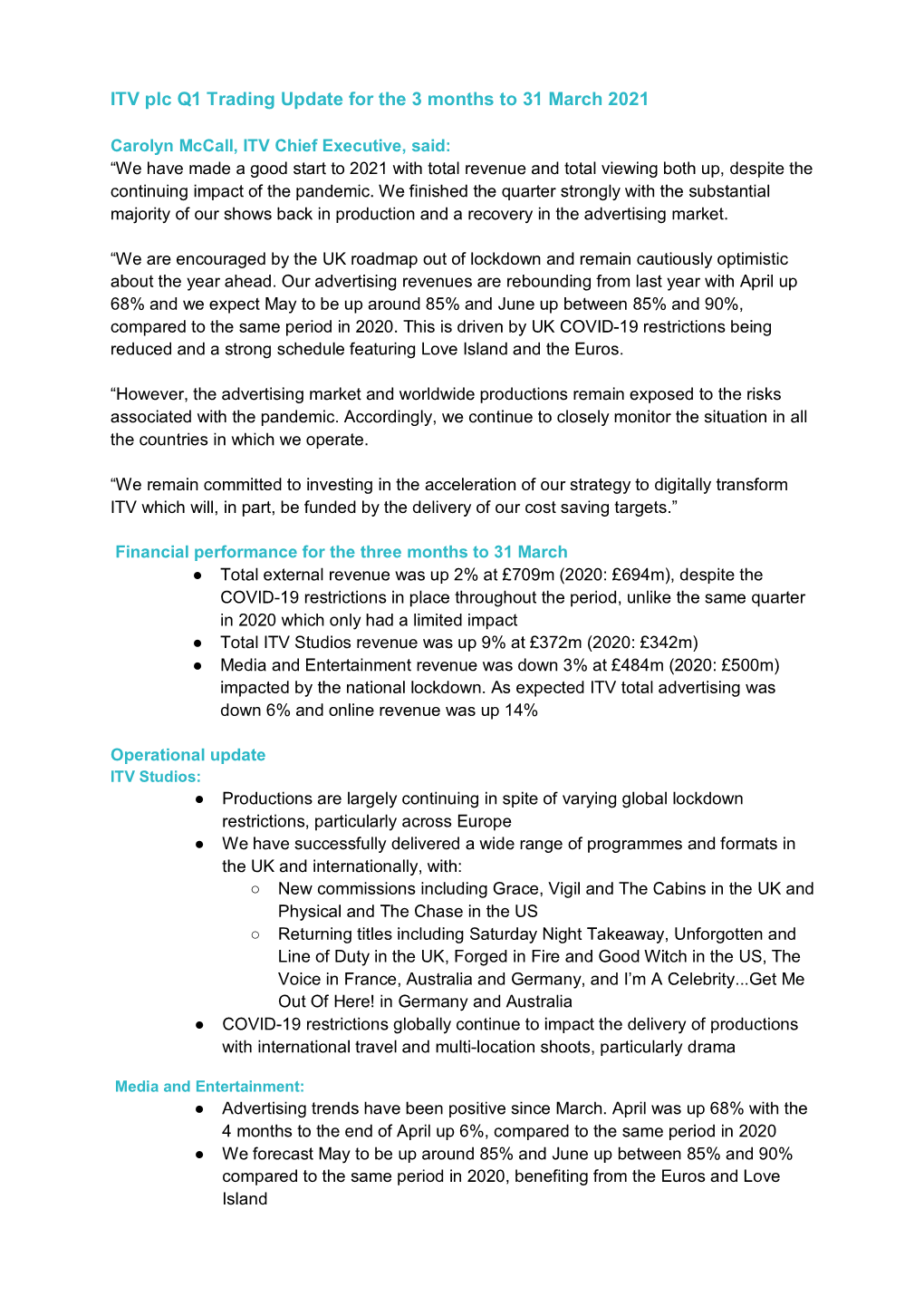 ITV Plc Q1 Trading Update for the 3 Months to 31 March 2021