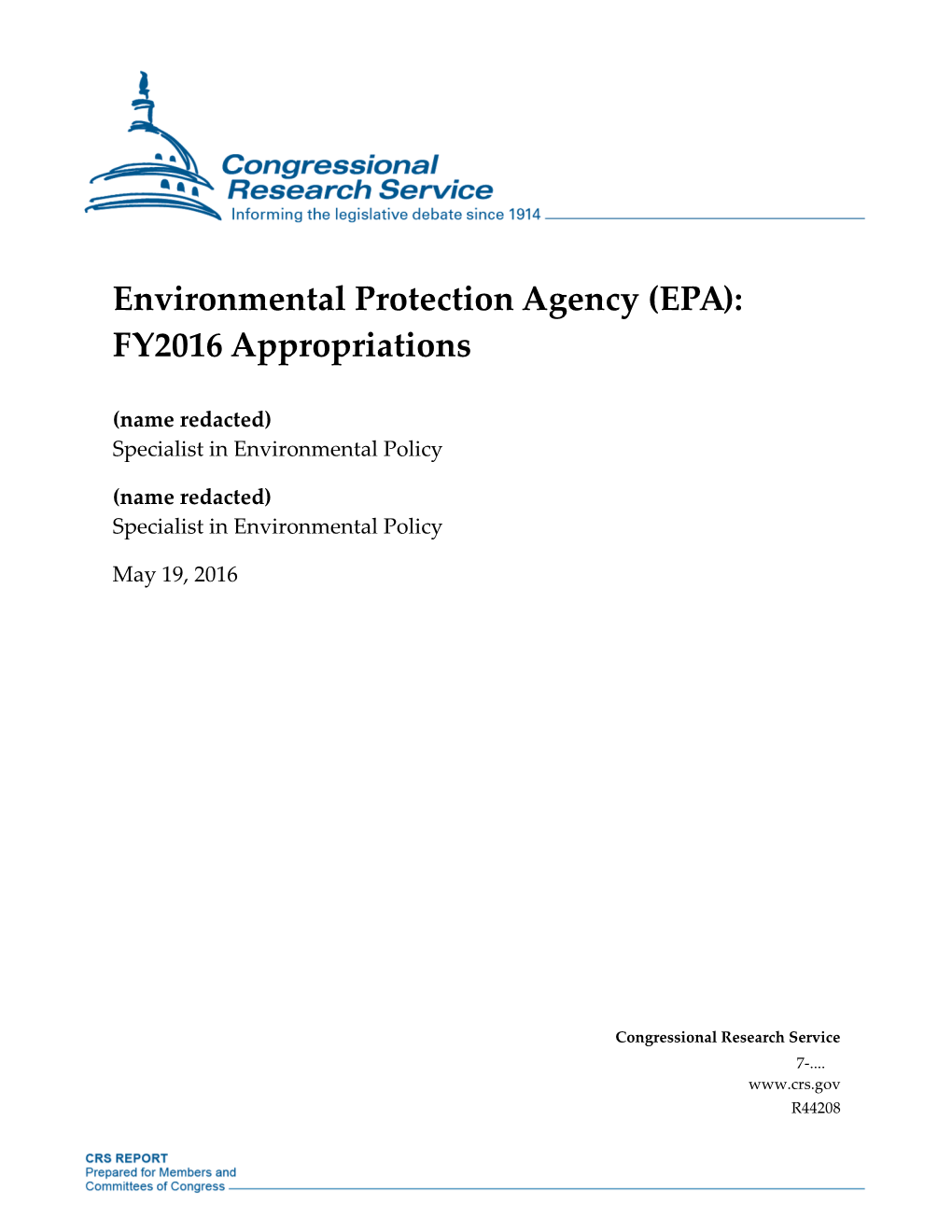 Environmental Protection Agency (EPA): FY2016 Appropriations