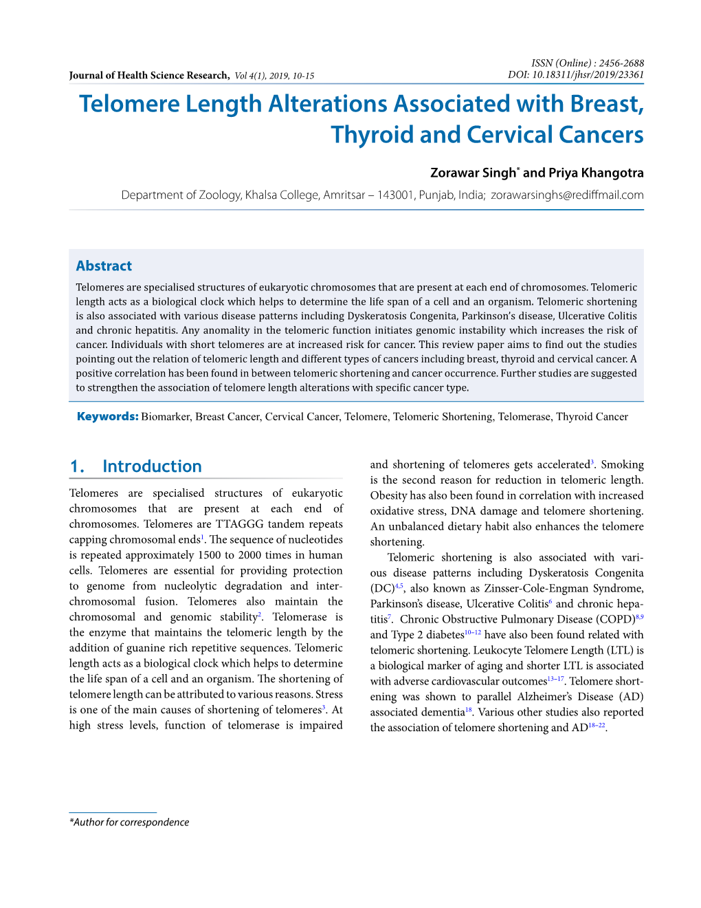 Telomere Length Alterations Associated with Breast, Thyroid and Cervical Cancers