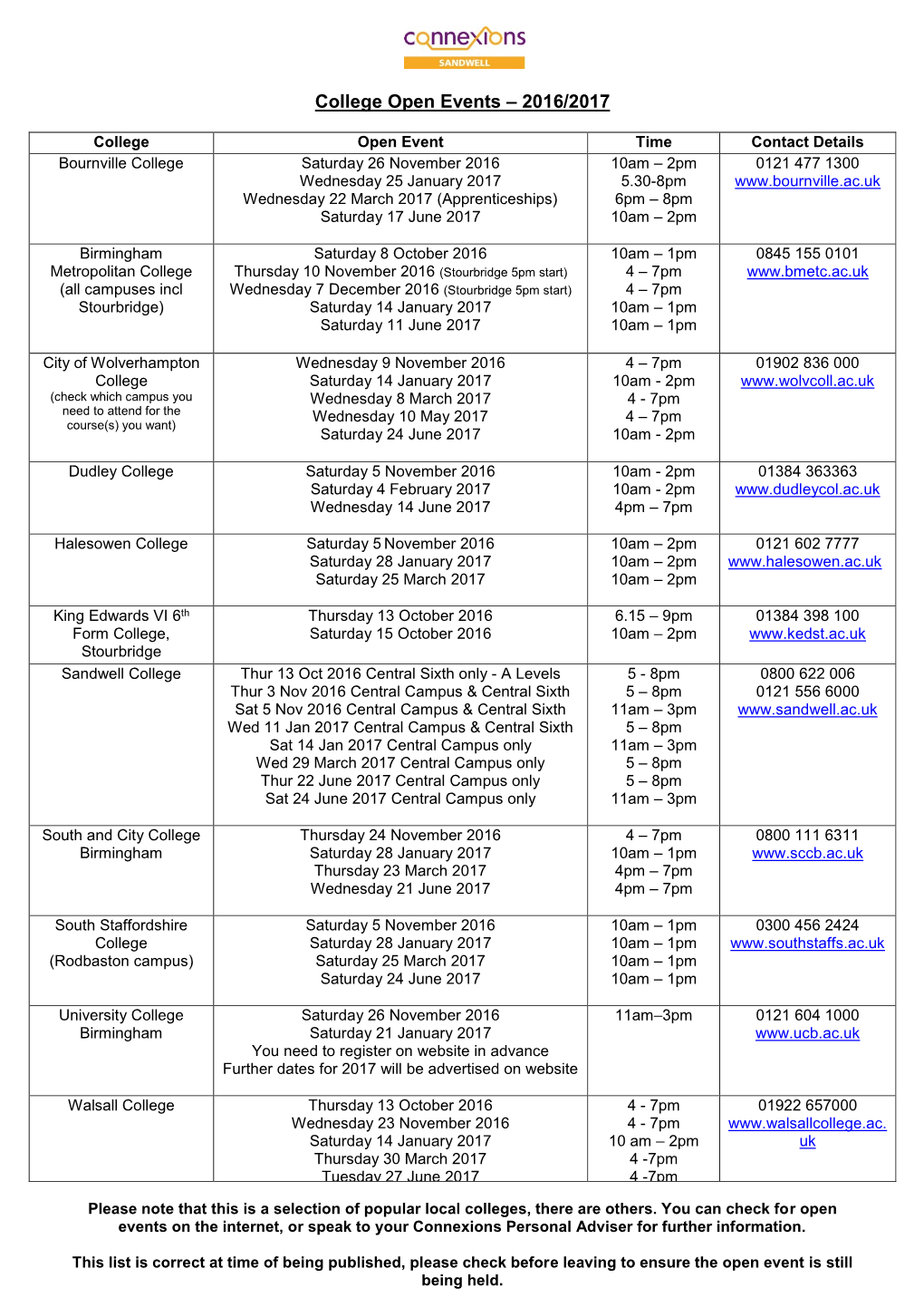 College Open Events – 2016/2017