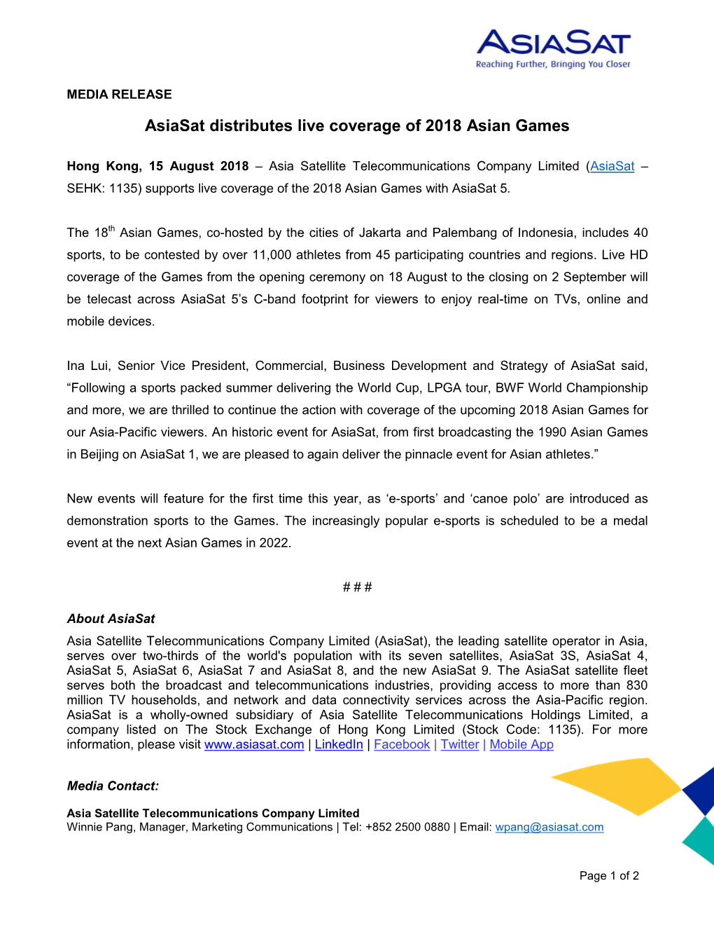 Asiasat Distributes Live Coverage of 2018 Asian Games