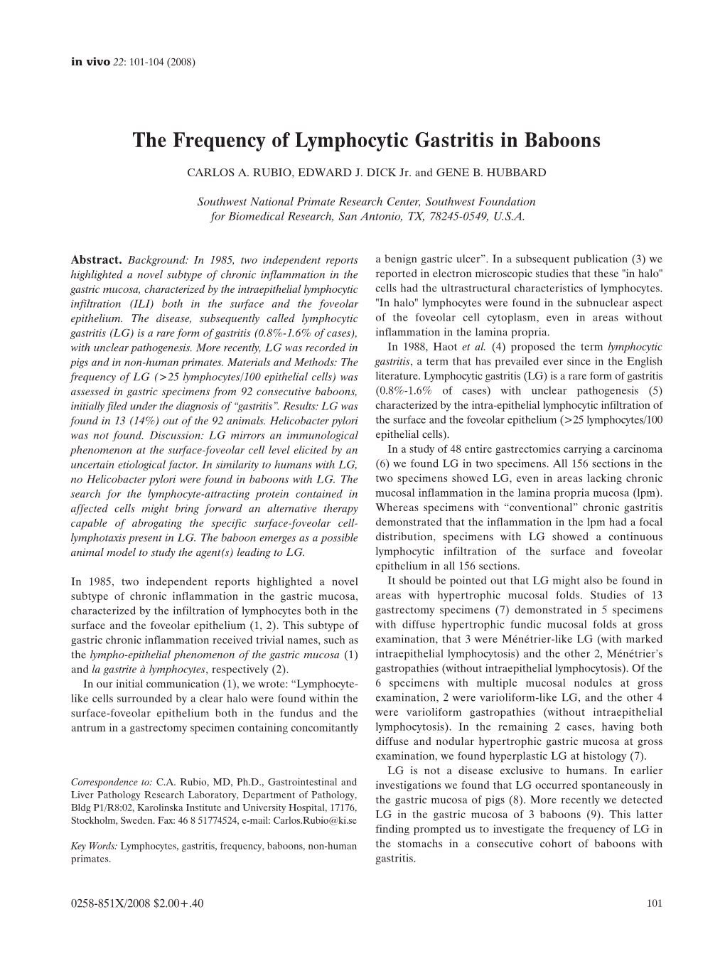 The Frequency of Lymphocytic Gastritis in Baboons