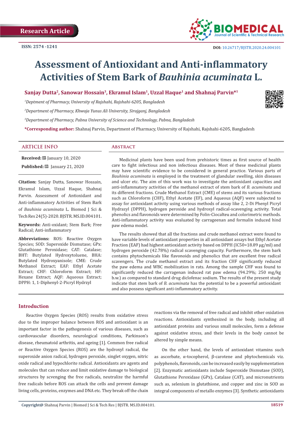 Assessment of Antioxidant and Anti-Inflammatory Activities of Stem Bark of Bauhinia Acuminata L