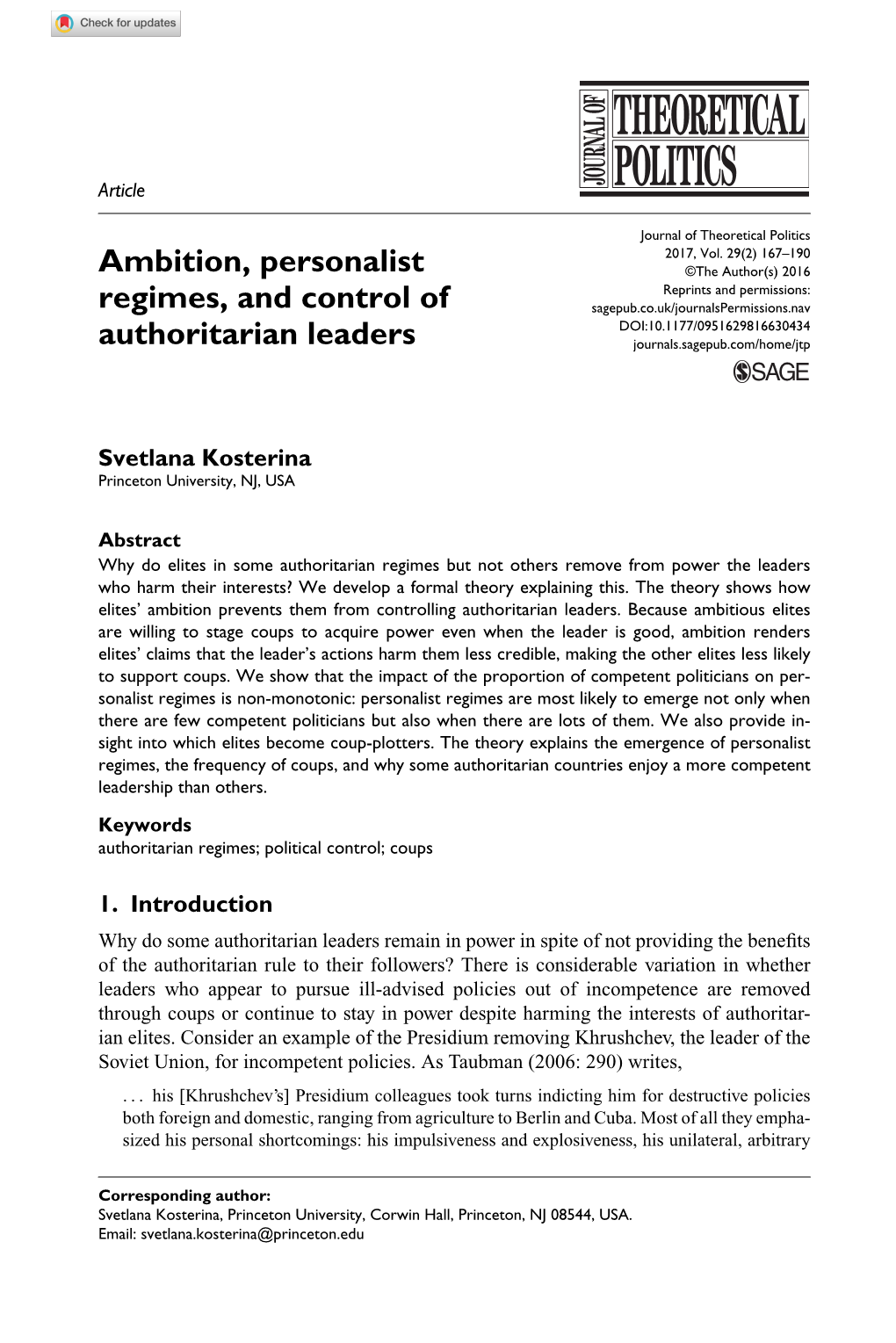 Ambition, Personalist Regimes, and Control of Authoritarian Leaders