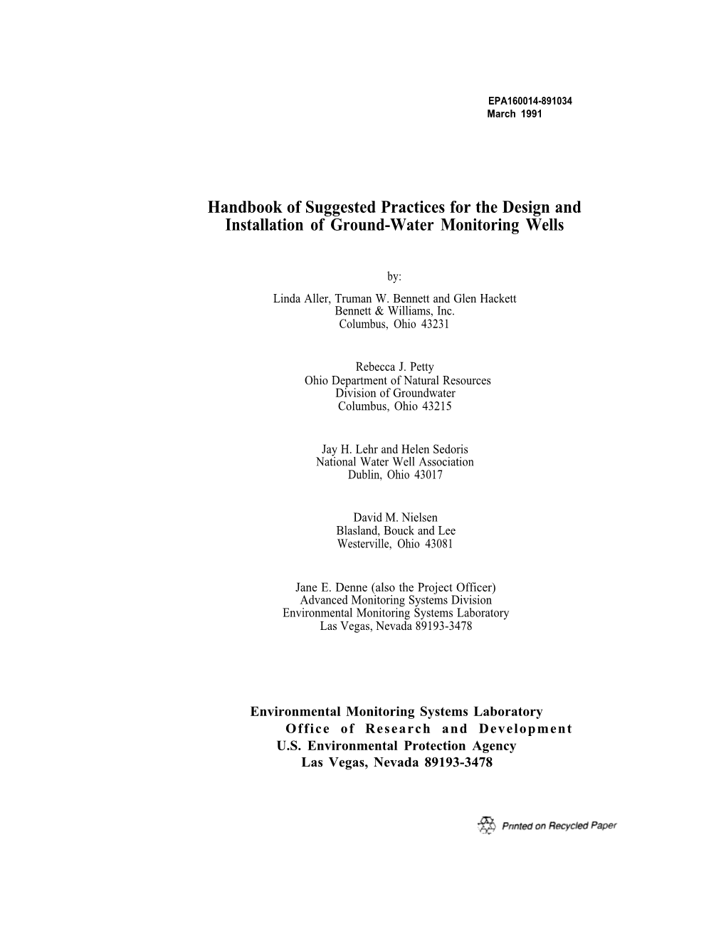 Handbook of Suggested Practices for the Design and Installation of Ground-Water Monitoring Wells