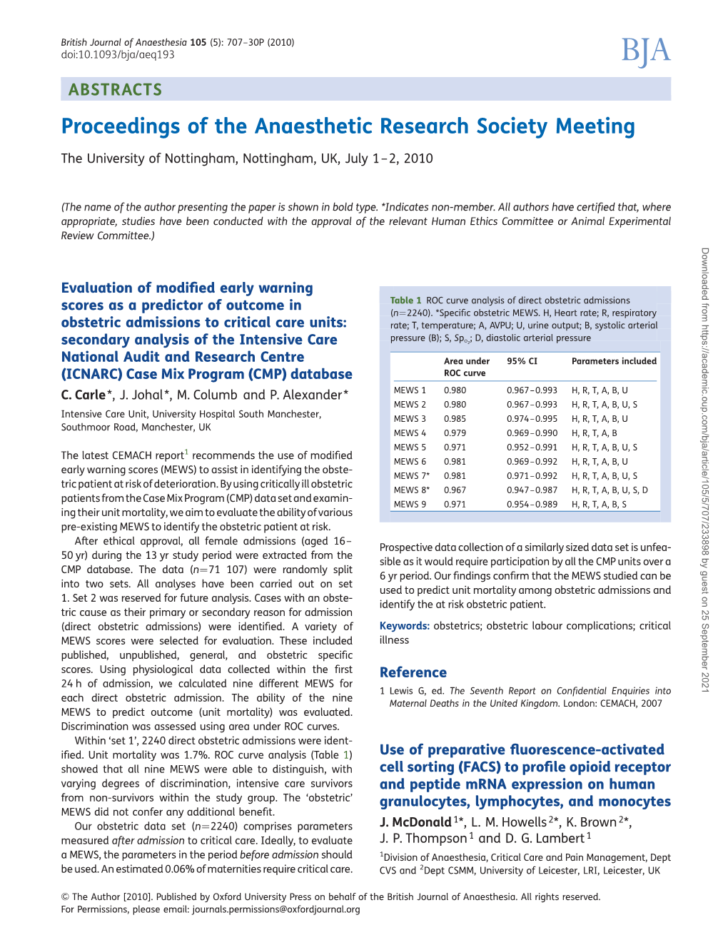 ABSTRACTS Proceedings of the Anaesthetic Research Society Meeting