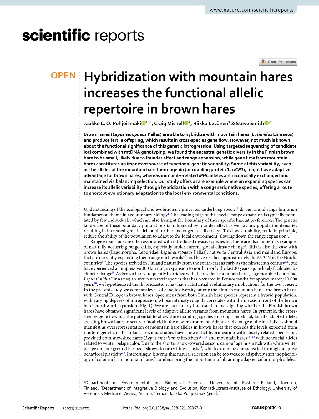 Hybridization with Mountain Hares Increases the Functional Allelic Repertoire in Brown Hares Jaakko L