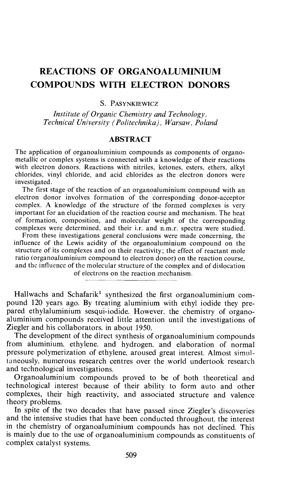 Reactions of Organoaluminium Compounds with Electron Donors