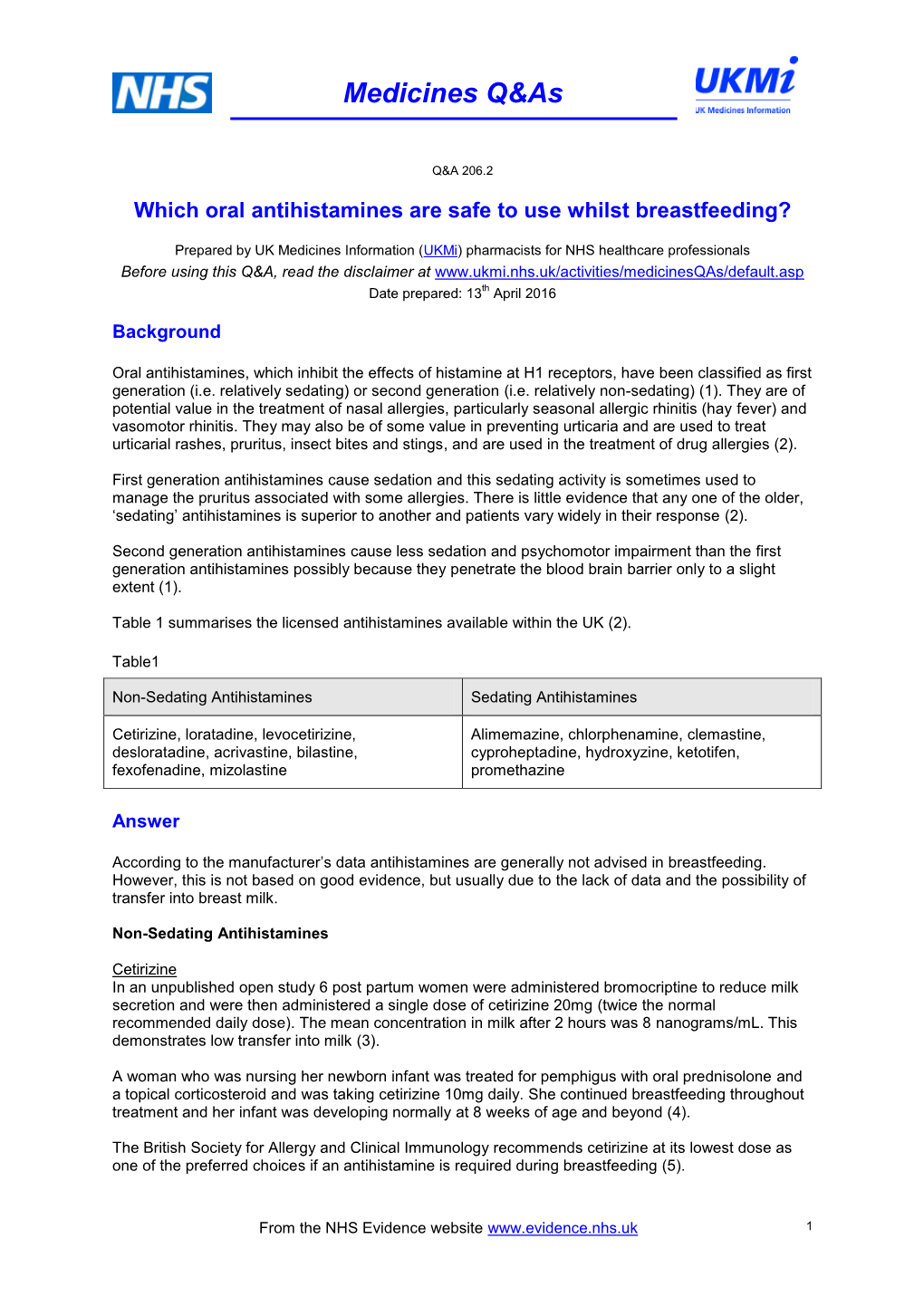 Which Oral Antihistamines Are Safe to Use Whilst Breastfeeding?