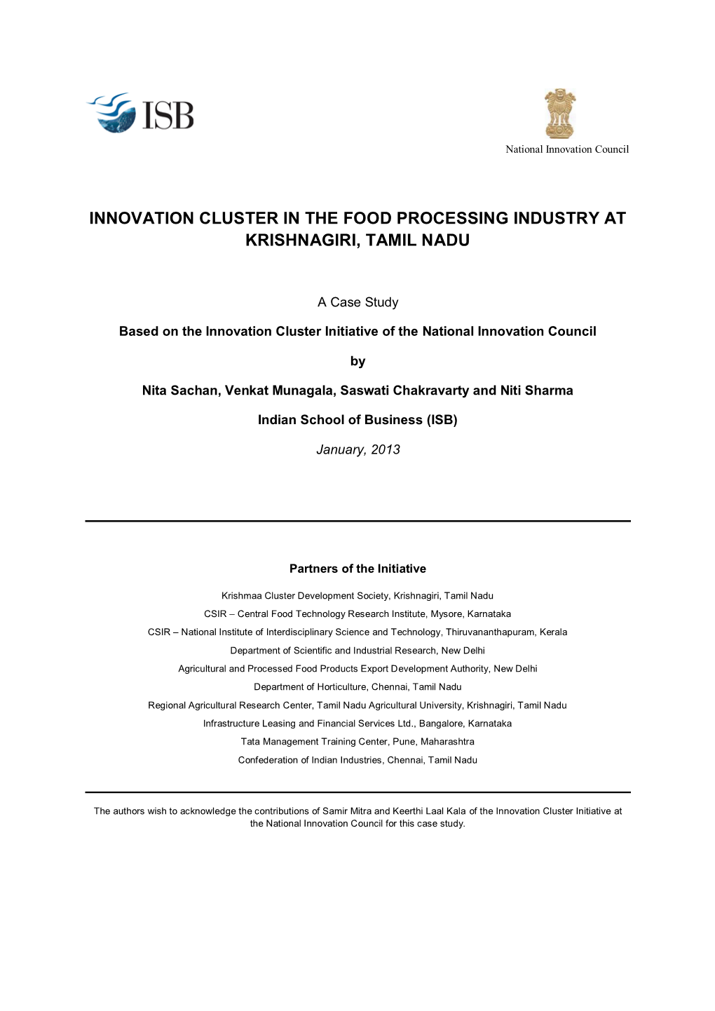 Innovation Cluster in the Food Processing Industry at Krishnagiri, Tamil Nadu