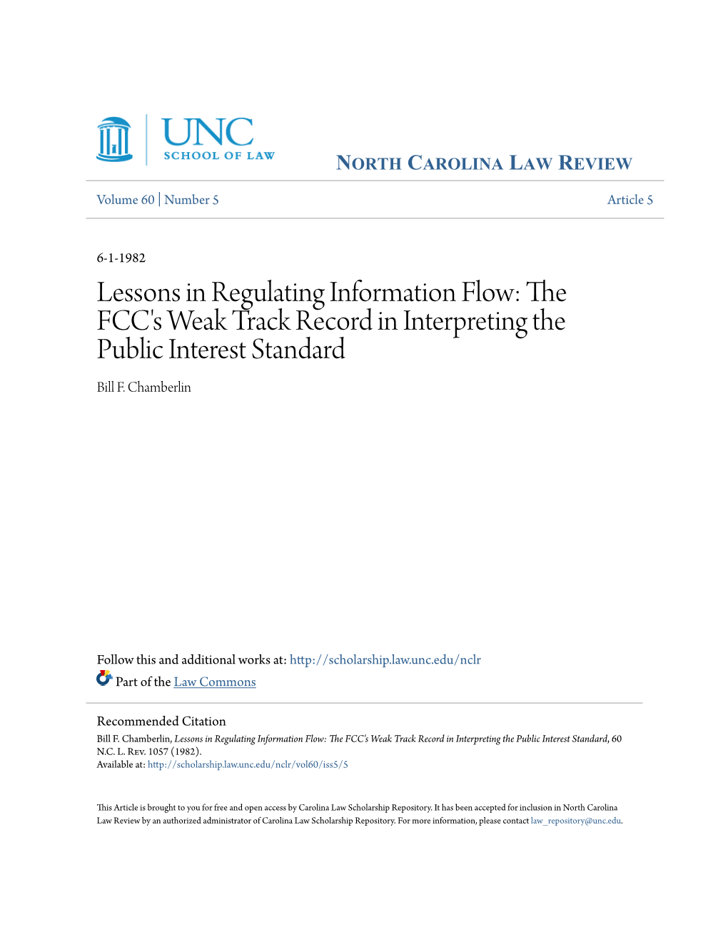 Lessons in Regulating Information Flow: the FCC's Weak Track Record in Interpreting the Public Interest Standard Bill F