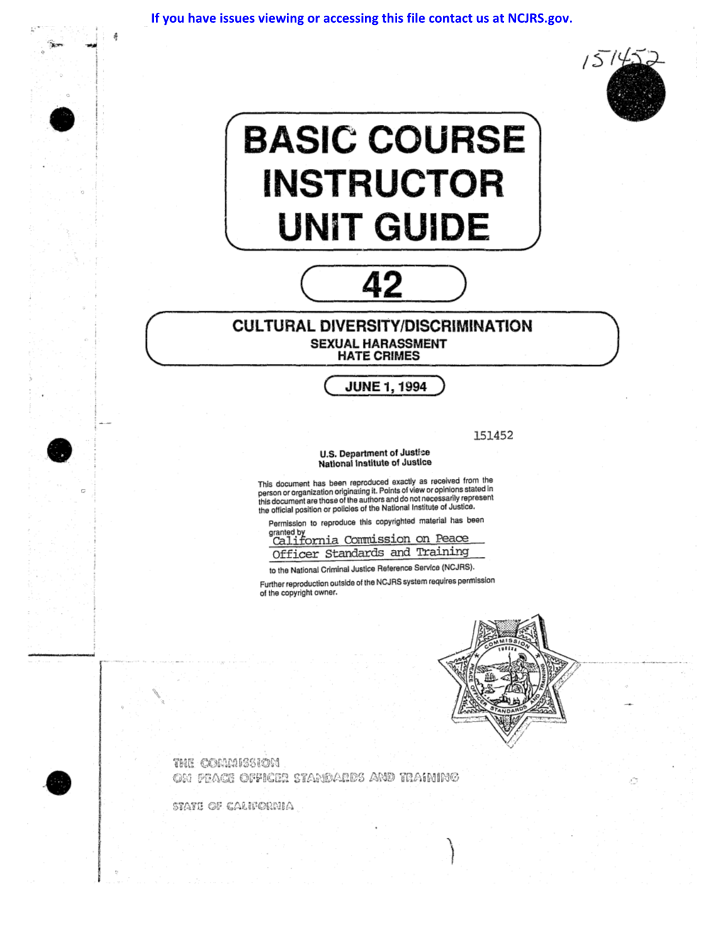 • BASIC COURSE INSTRUCTOR L UNIT GUIDE C ~4~2 ) CUL Rural DIVERSITY IDISCRIMINATION SEXUAL HARASSMENT HATE CRIMES