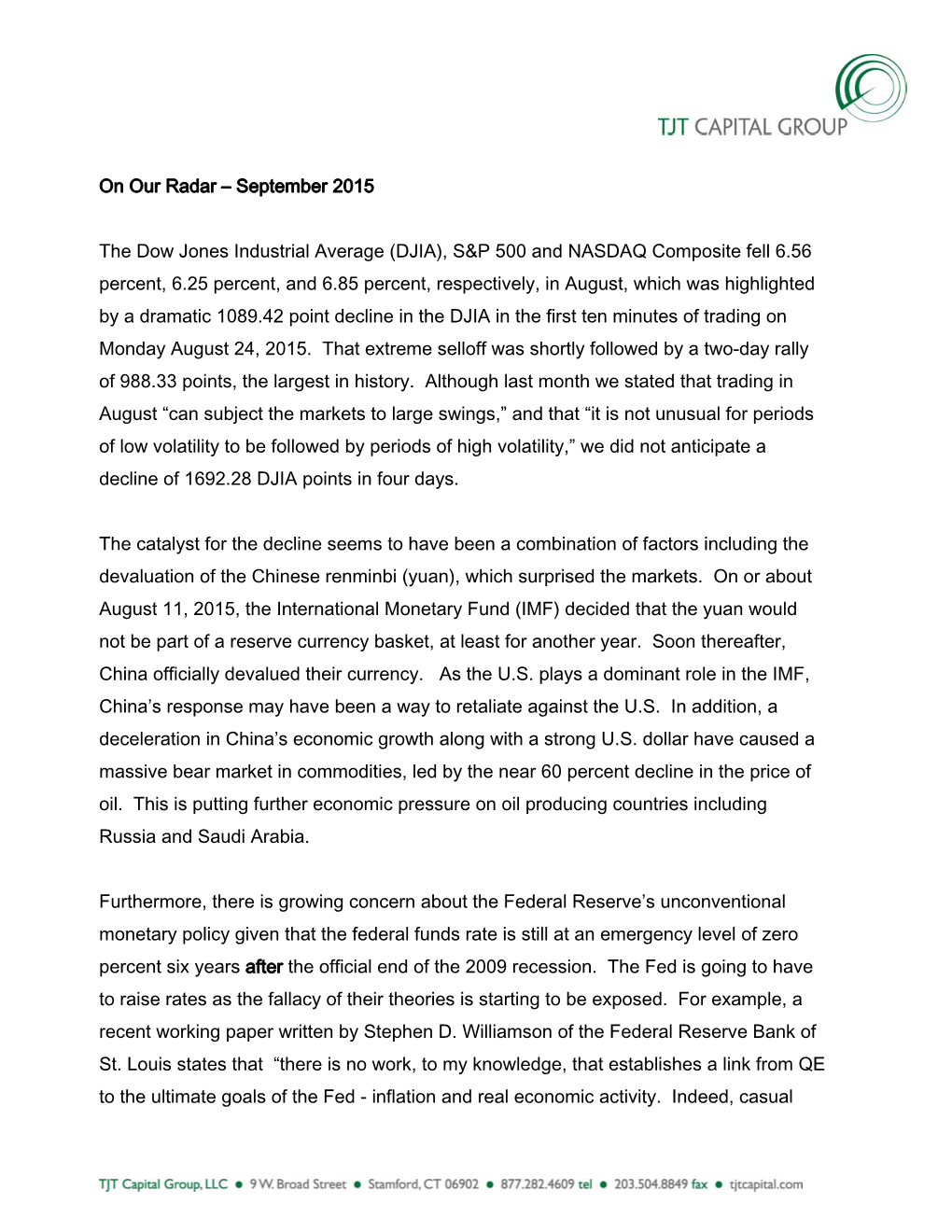 September 2015 the Dow Jones Industrial Average (DJIA), S&P 500