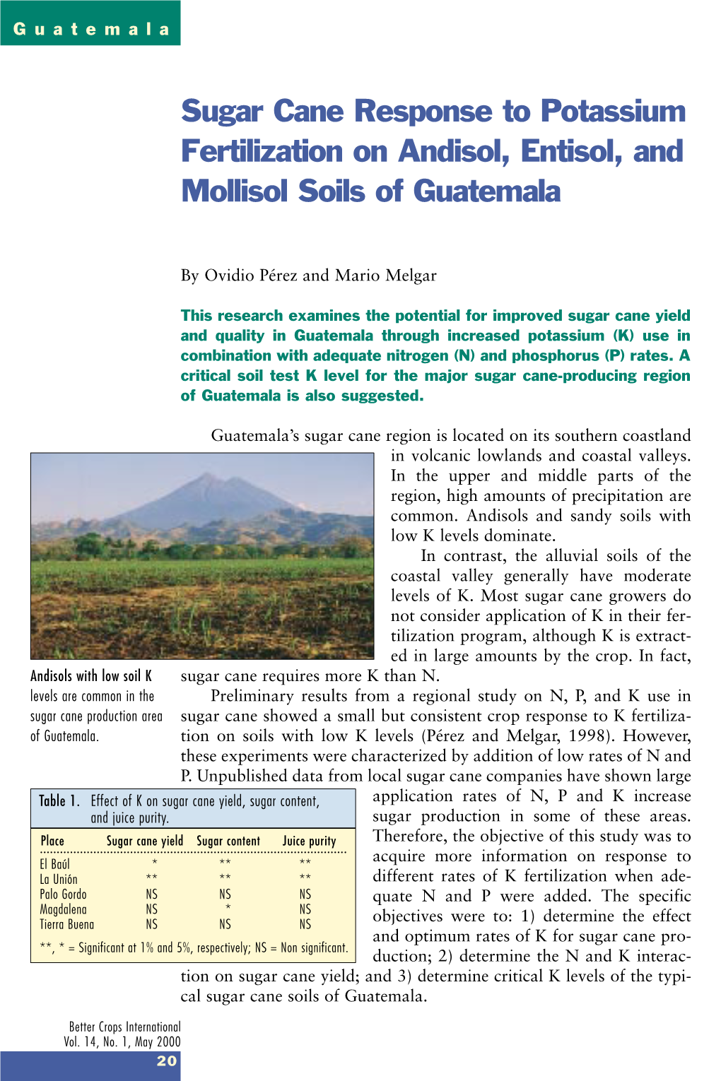 Sugar Cane Response to Potassium Fertilization on Andisol, Entisol, and Mollisol Soils of Guatemala