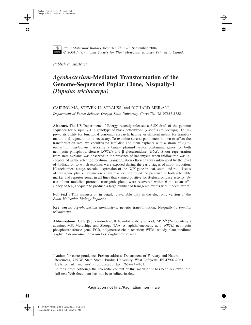 Agrobacterium-Mediated Transformation of the Genome-Sequenced Poplar Clone, Nisqually-1 (Populus Trichocarpa)