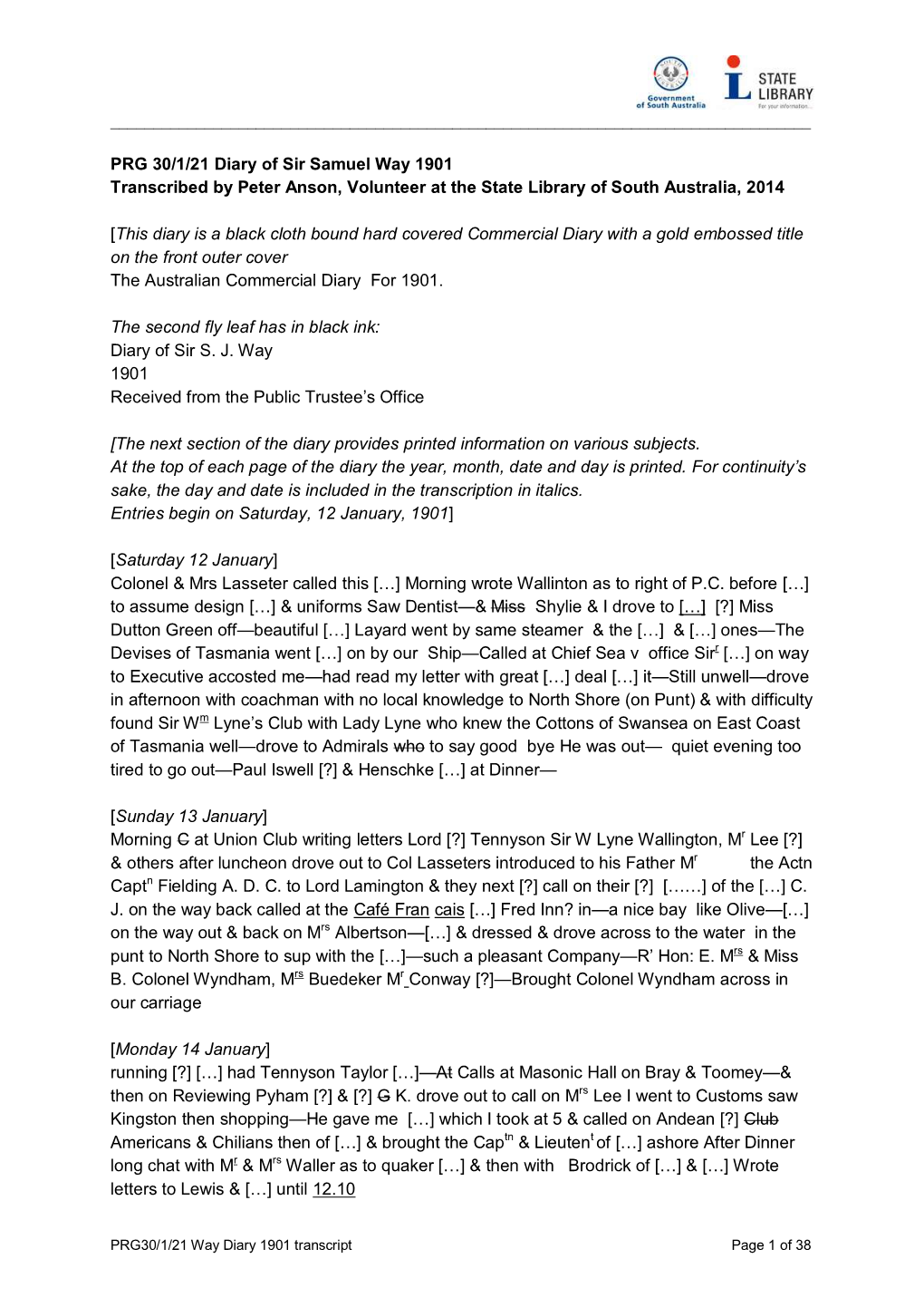 PRG 30/1/21 Diary of Sir Samuel Way 1901 Transcribed by Peter Anson, Volunteer at the State Library of South Australia, 2014