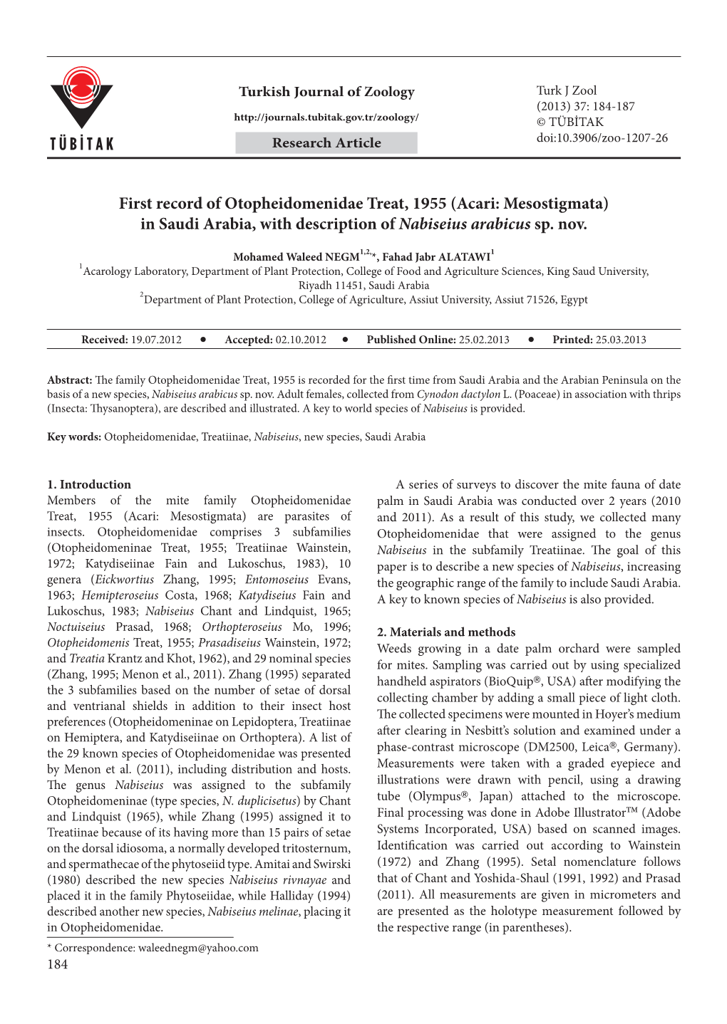 Acari: Mesostigmata) in Saudi Arabia, with Description of Nabiseius Arabicus Sp