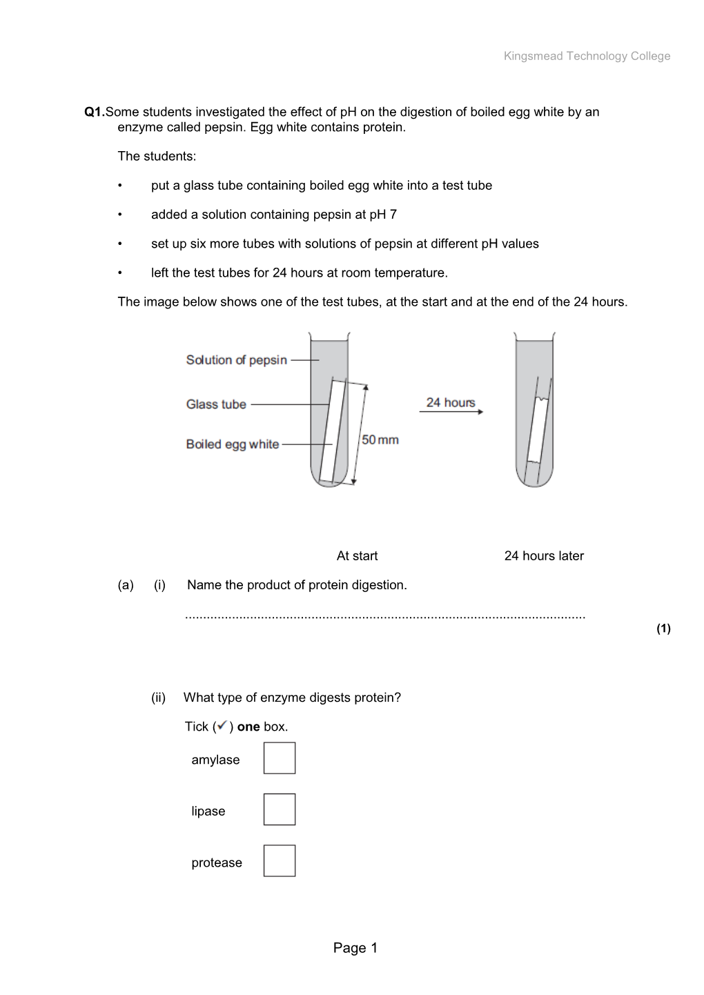 Q1.Some Students Investigated the Effect of Ph on the Digestion of Boiled Egg White by an Enzyme Called Pepsin