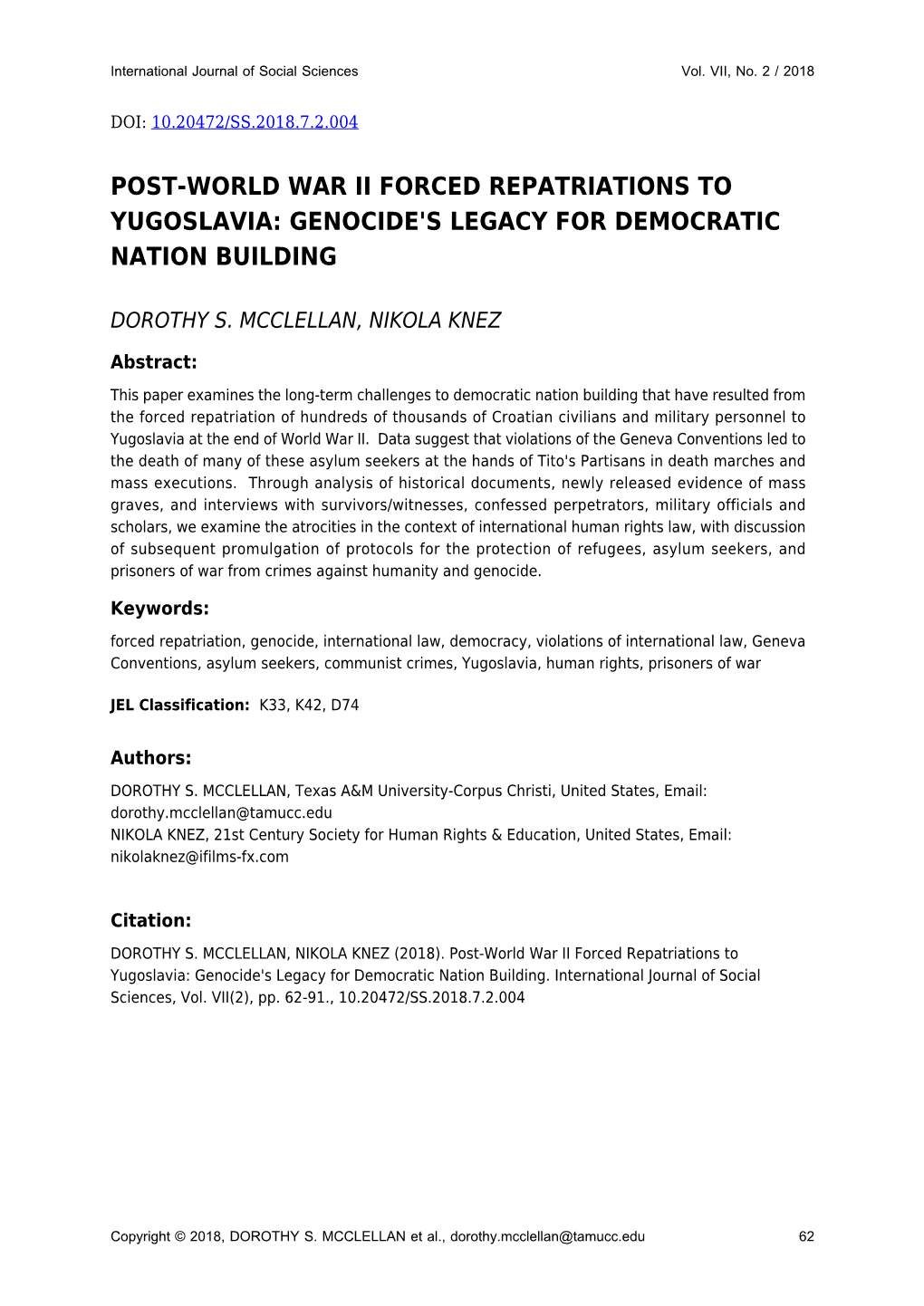 Post-World War Ii Forced Repatriations to Yugoslavia: Genocide's Legacy for Democratic Nation Building