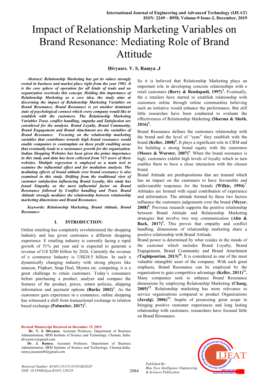 Impact of Relationship Marketing Variables on Brand Resonance: Mediating Role of Brand Attitude