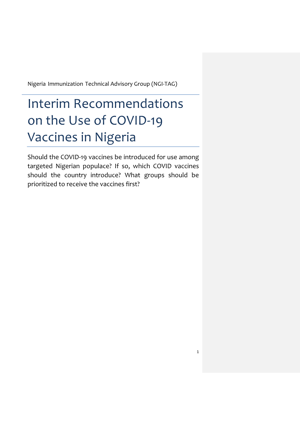 Interim Recommendations on the Use of COVID-19 Vaccines in Nigeria