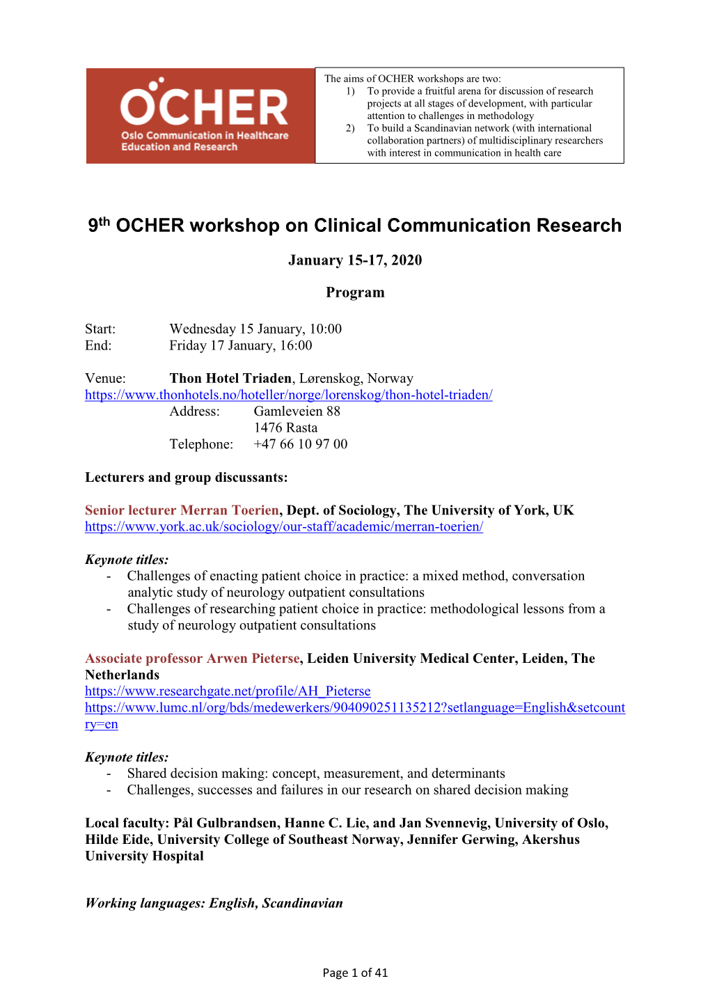 9Th OCHER Workshop on Clinical Communication Research