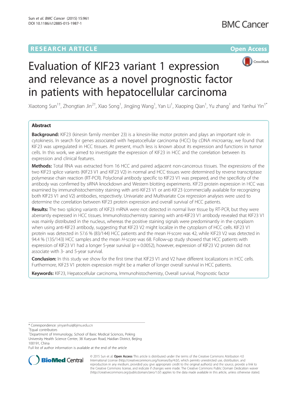 Evaluation of KIF23 Variant 1 Expression and Relevance As A