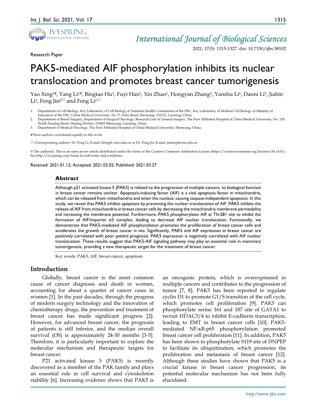 PAK5-Mediated AIF Phosphorylation Inhibits Its Nuclear Translocation And