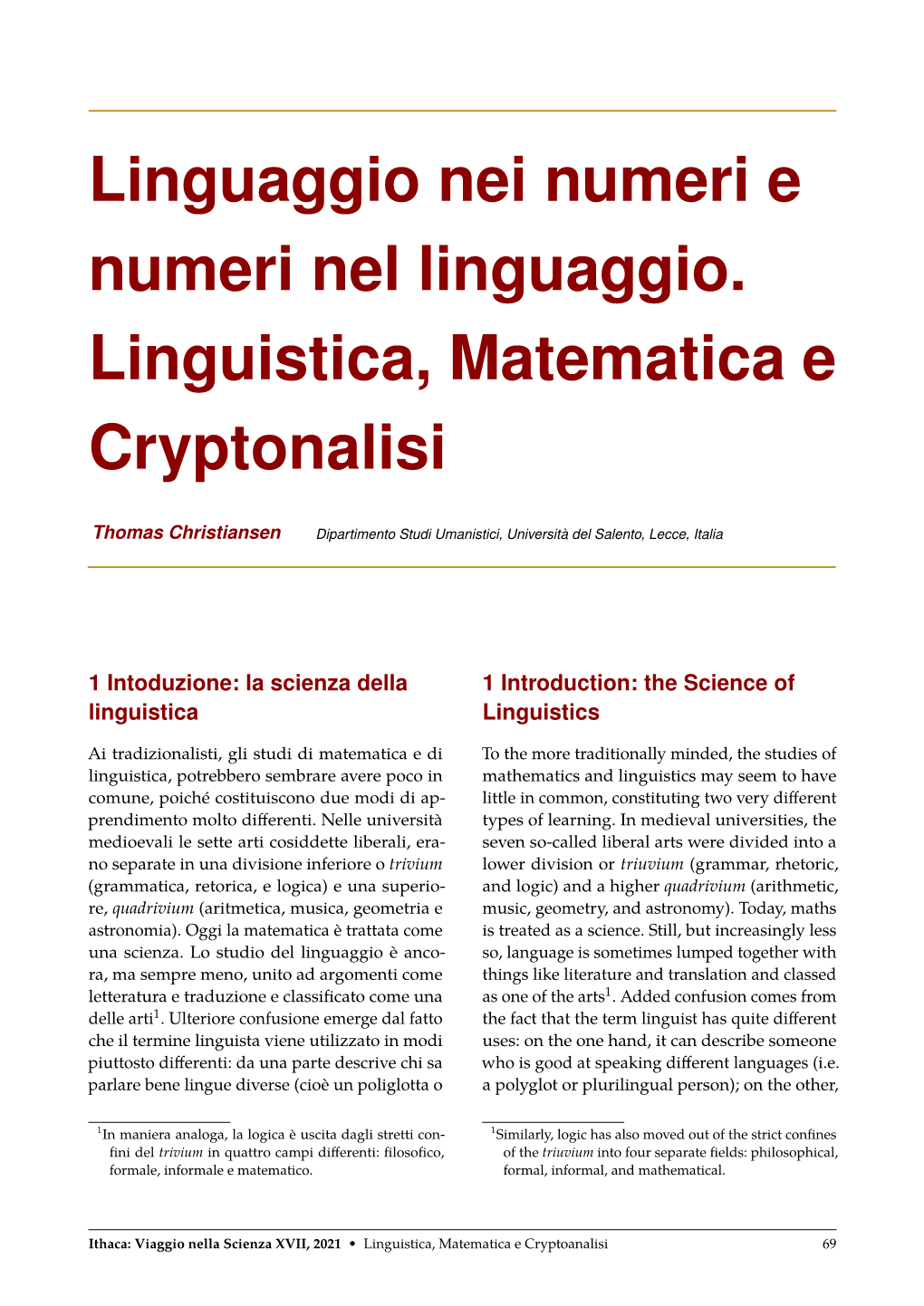 Linguaggio Nei Numeri E Numeri Nel Linguaggio. Linguistica, Matematica E Cryptonalisi