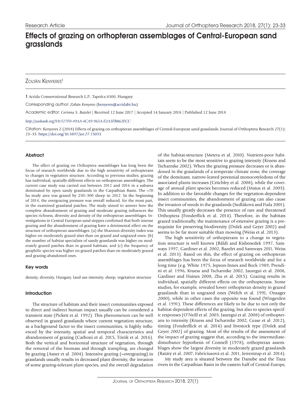 Effects of Grazing on Orthopteran Assemblages of Central-European Sand Grasslands