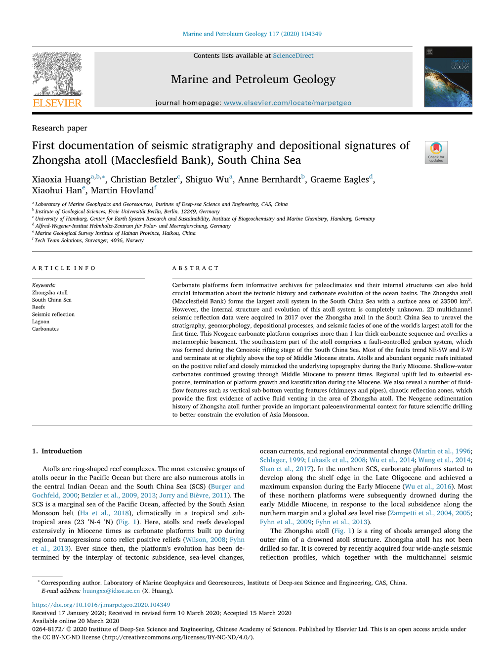 First Documentation of Seismic Stratigraphy and Depositional Signatures of Zhongsha Atoll (Macclesﬁeld Bank), South China Sea T