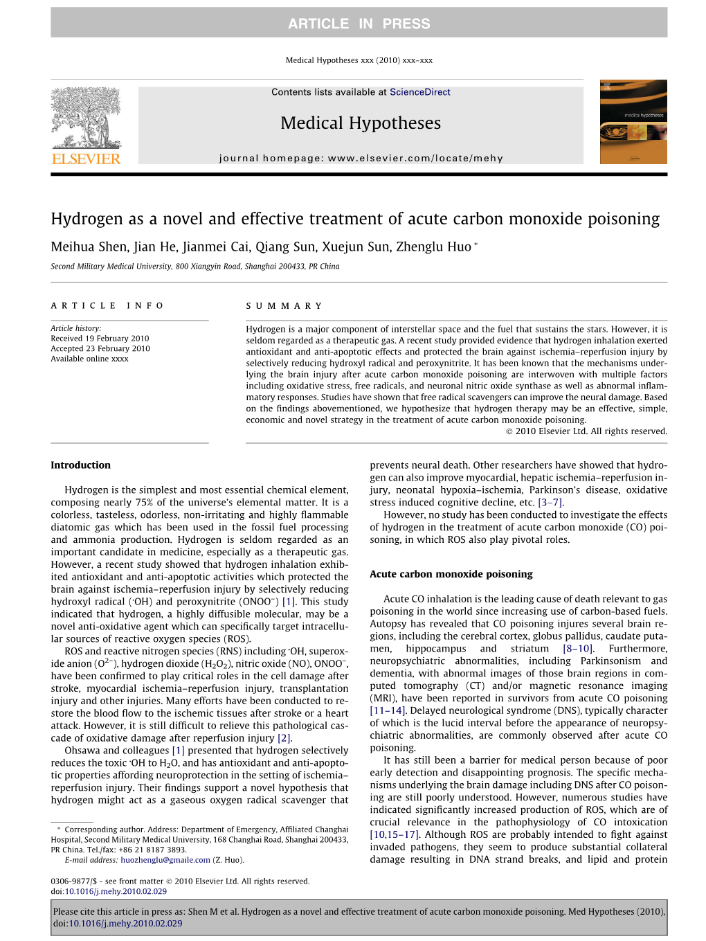 Hydrogen As a Novel and Effective Treatment of Acute Carbon Monoxide Poisoning