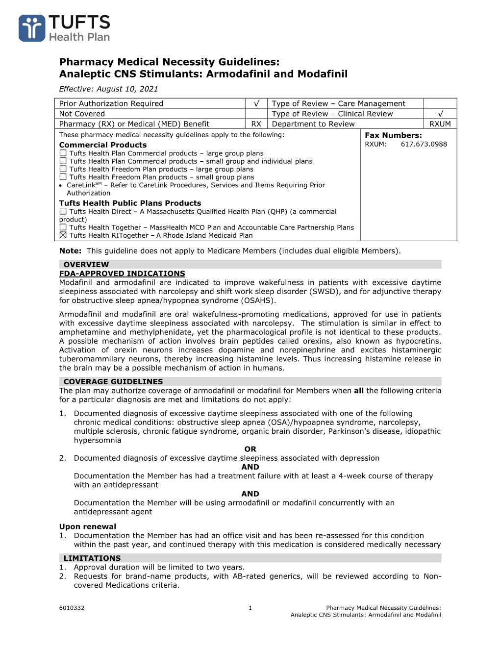 Pharmacy Medical Necessity Guidelines: Analeptic CNS Stimulants