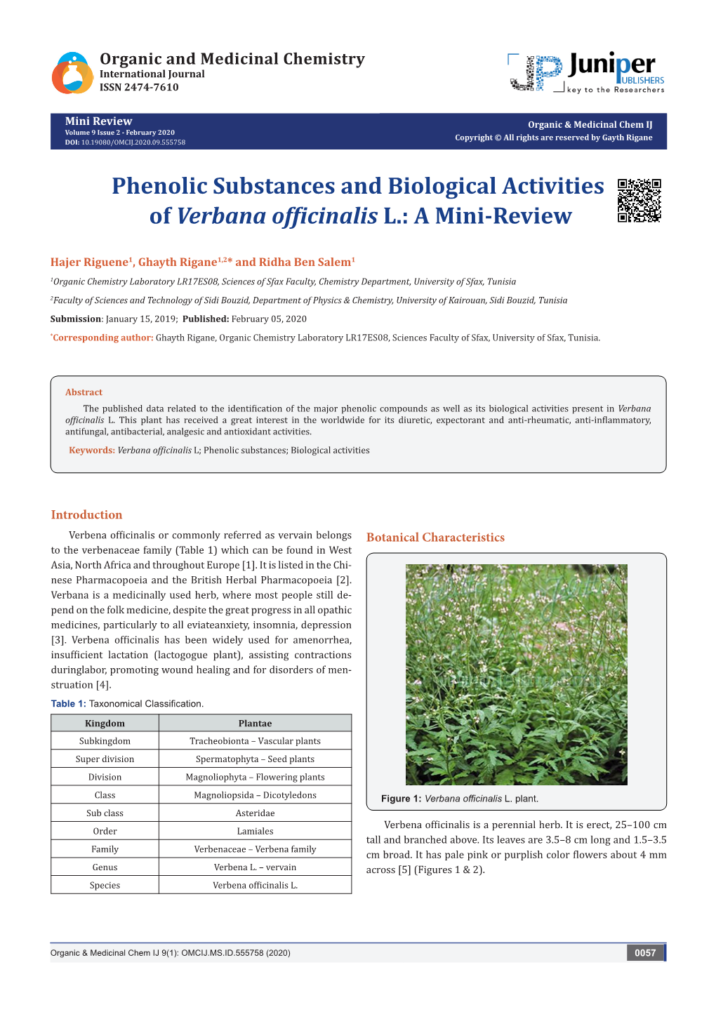 Phenolic Substances and Biological Activities of Verbana Officinalis L.: a Mini-Review