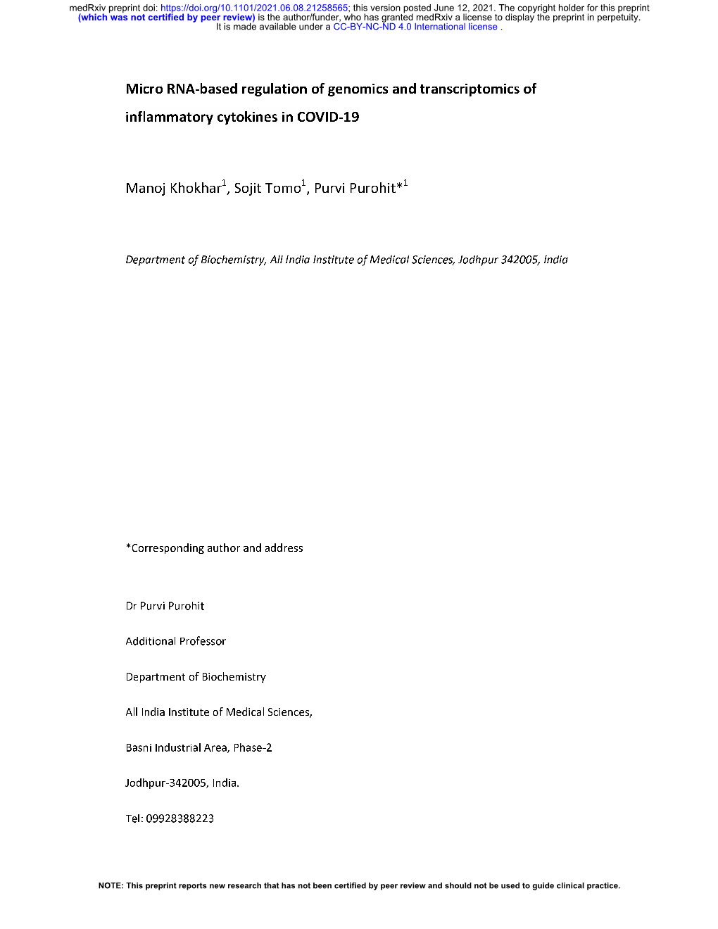 Micro RNA-Based Regulation of Genomics and Transcriptomics of Inflammatory Cytokines in COVID-19