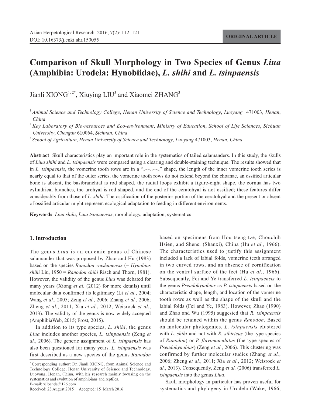 Comparison of Skull Morphology in Two Species of Genus Liua (Amphibia: Urodela: Hynobiidae), L