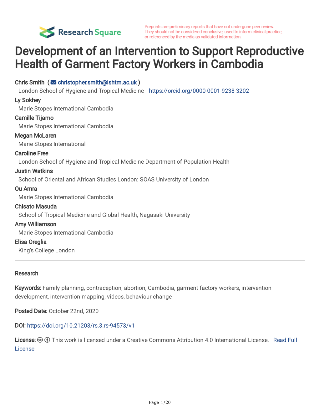 Development of an Intervention to Support Reproductive Health of Garment Factory Workers in Cambodia