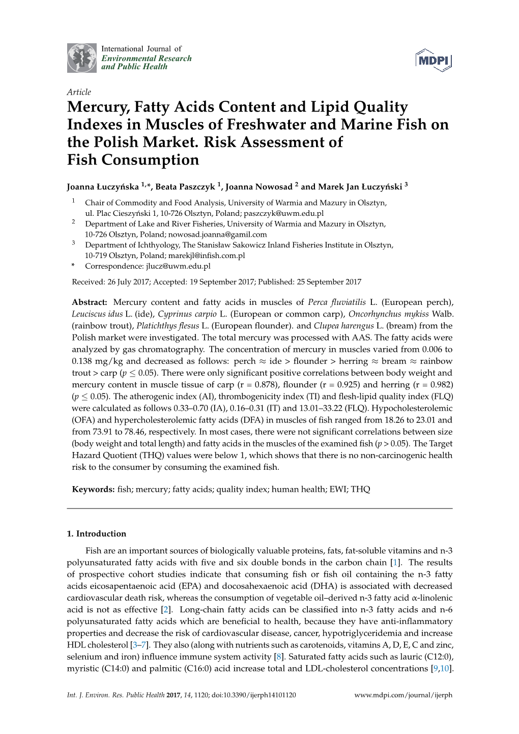 Mercury, Fatty Acids Content and Lipid Quality Indexes in Muscles of Freshwater and Marine Fish on the Polish Market