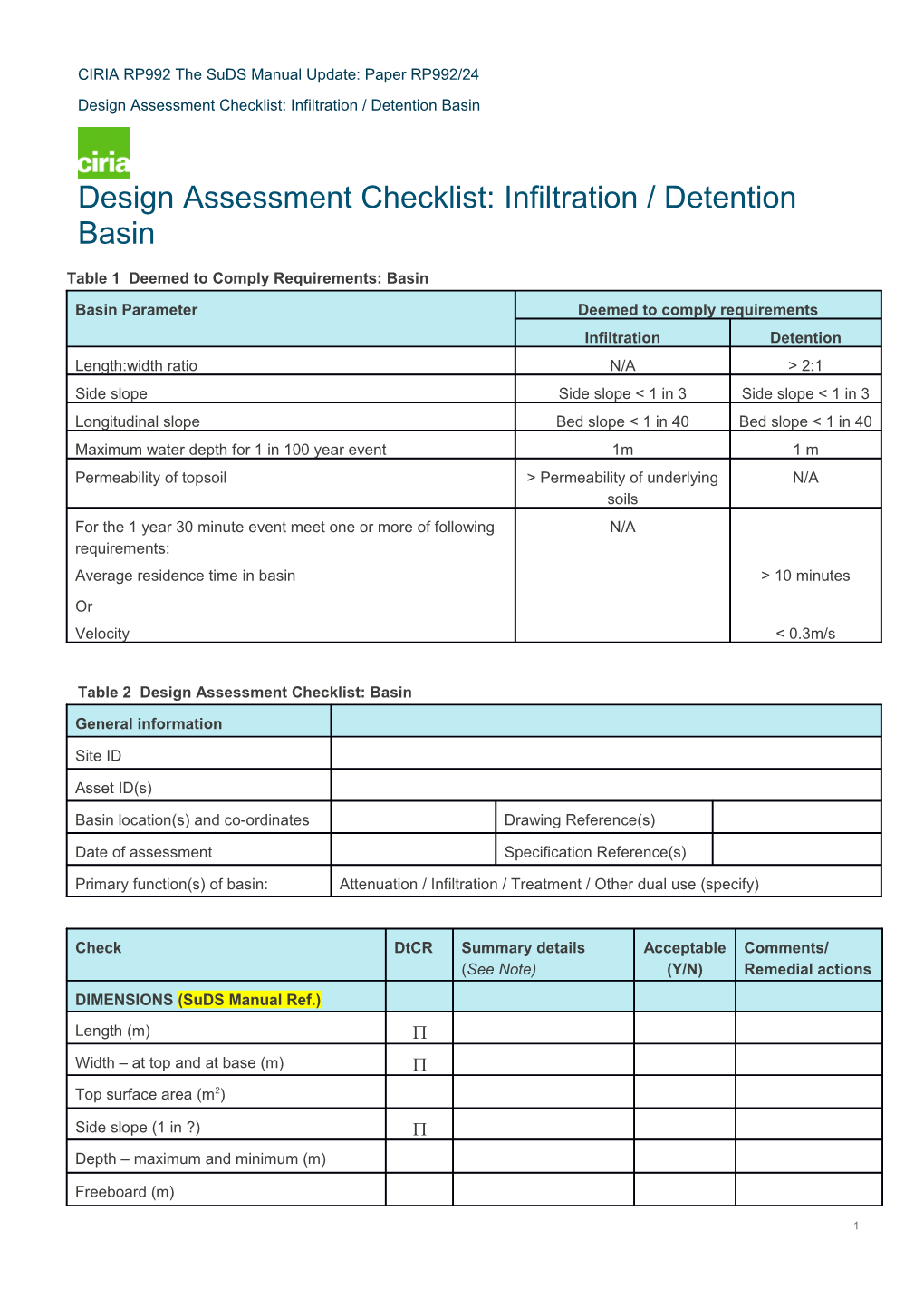 Table 1 Deemed to Comply Requirements: Basin